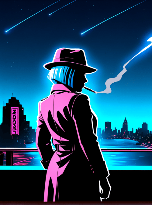 man, cityscape, neon signs, cigarette, hat, trench coat