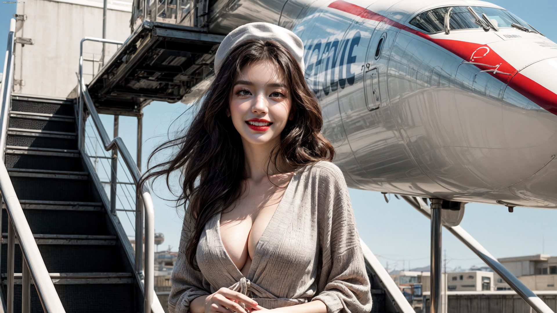AI generated wallpaper featuring woman, airplane, staircase, hat, clothing