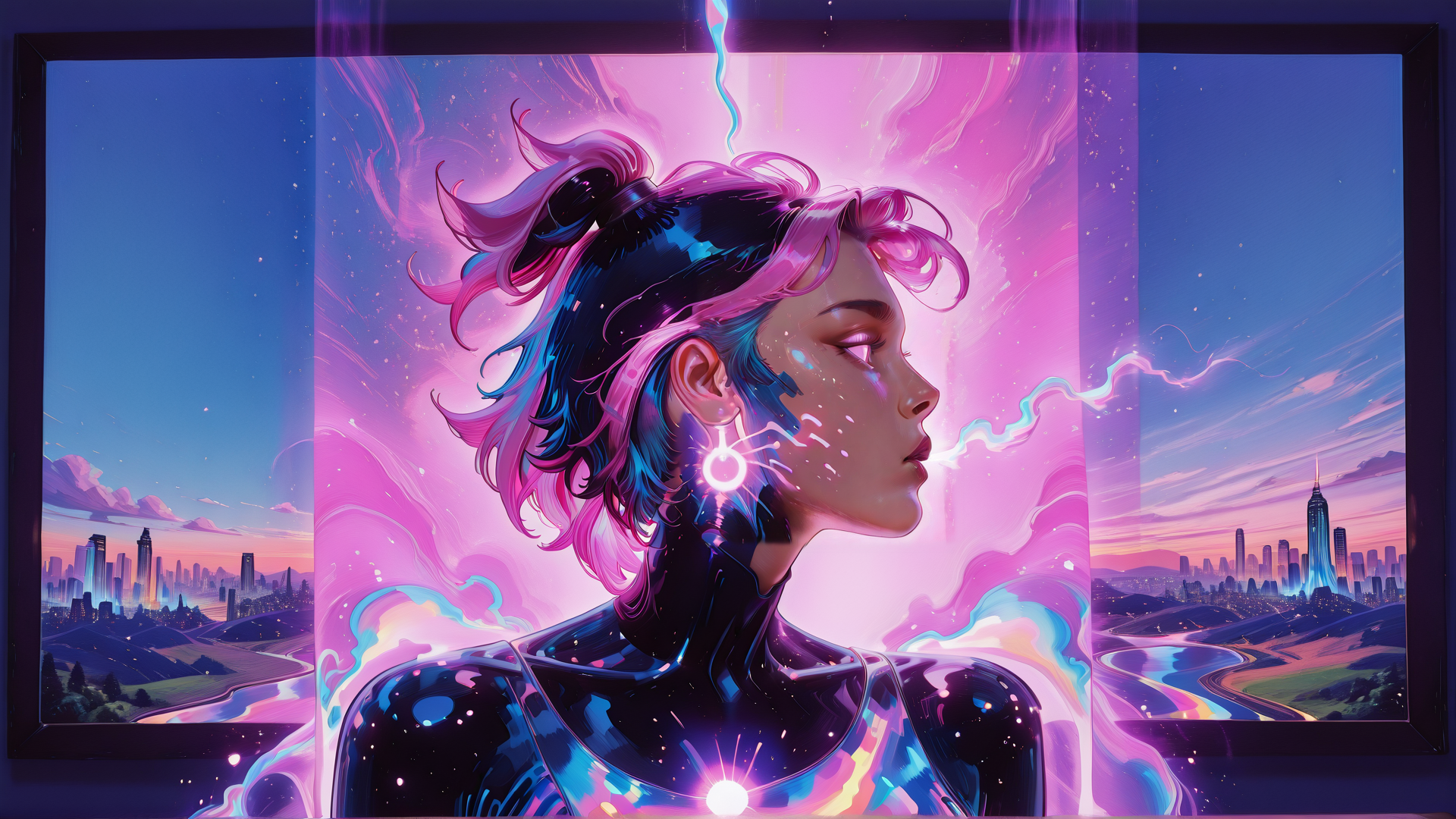 AI generated wallpaper featuring woman, neon, cityscape, lightning, surreal, cyberpunk, futuristic, hair, earring, city