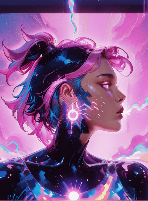 woman, neon, cityscape, lightning, surreal, cyberpunk, futuristic, hair, earring, city