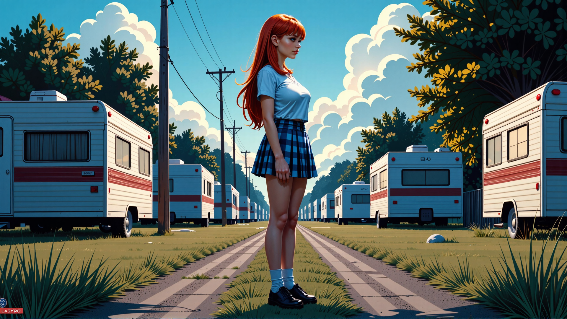 AI generated wallpaper featuring woman, camper, RV, trees, road, clouds, socks, shoes, grass, sky