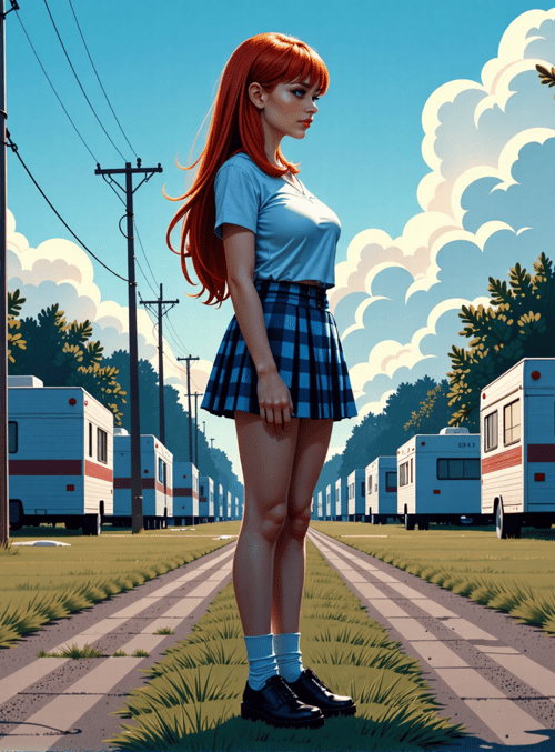woman, camper, RV, trees, road, clouds, socks, shoes, grass, sky