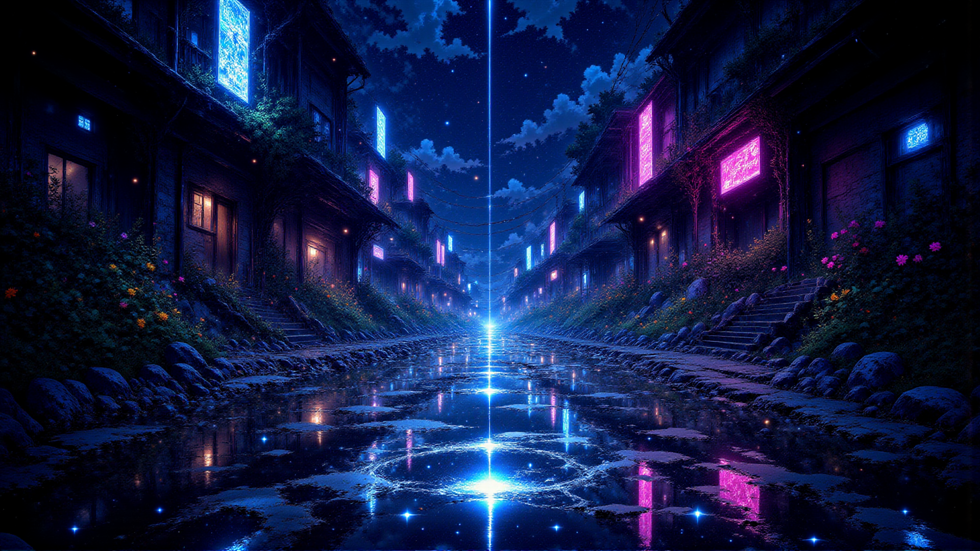 AI generated wallpaper featuring street, neon, building, water, flowers, sign, stairs, sky, light, trees
