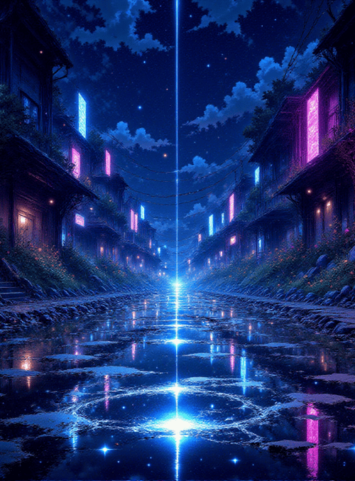 street, neon, building, water, flowers, sign, stairs, sky, light, trees