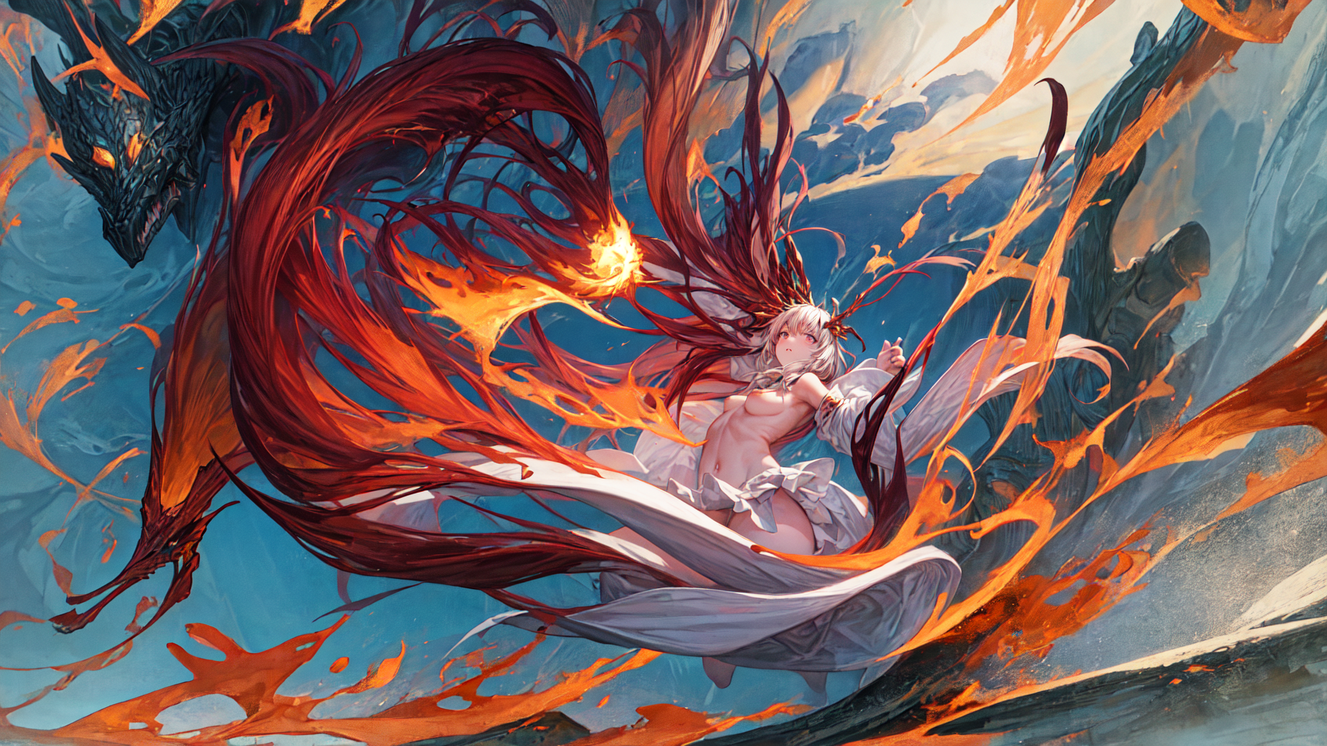 AI generated wallpaper featuring dragon, flying girl, flames