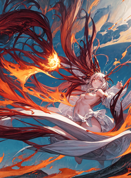 dragon, flying girl, flames