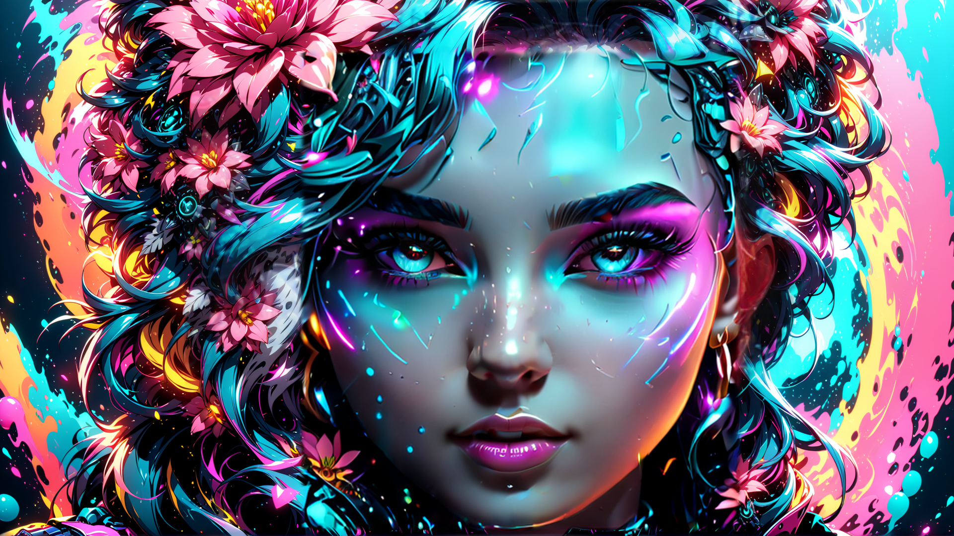 AI generated wallpaper featuring woman, flowers, hair