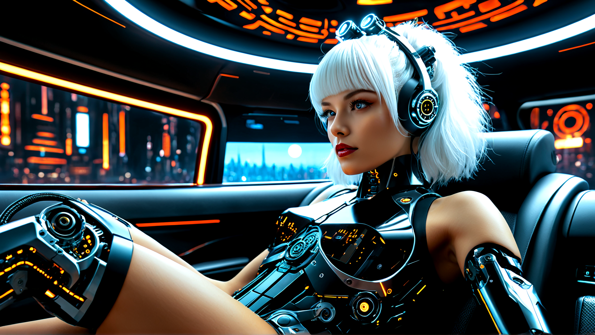 AI generated wallpaper featuring cyborg, driver, futuristic, car, headphones, cityscape, steering wheel, glowing, sleek, cyberpunk