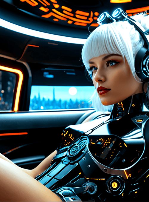 cyborg, driver, futuristic, car, headphones, cityscape, steering wheel, glowing, sleek, cyberpunk