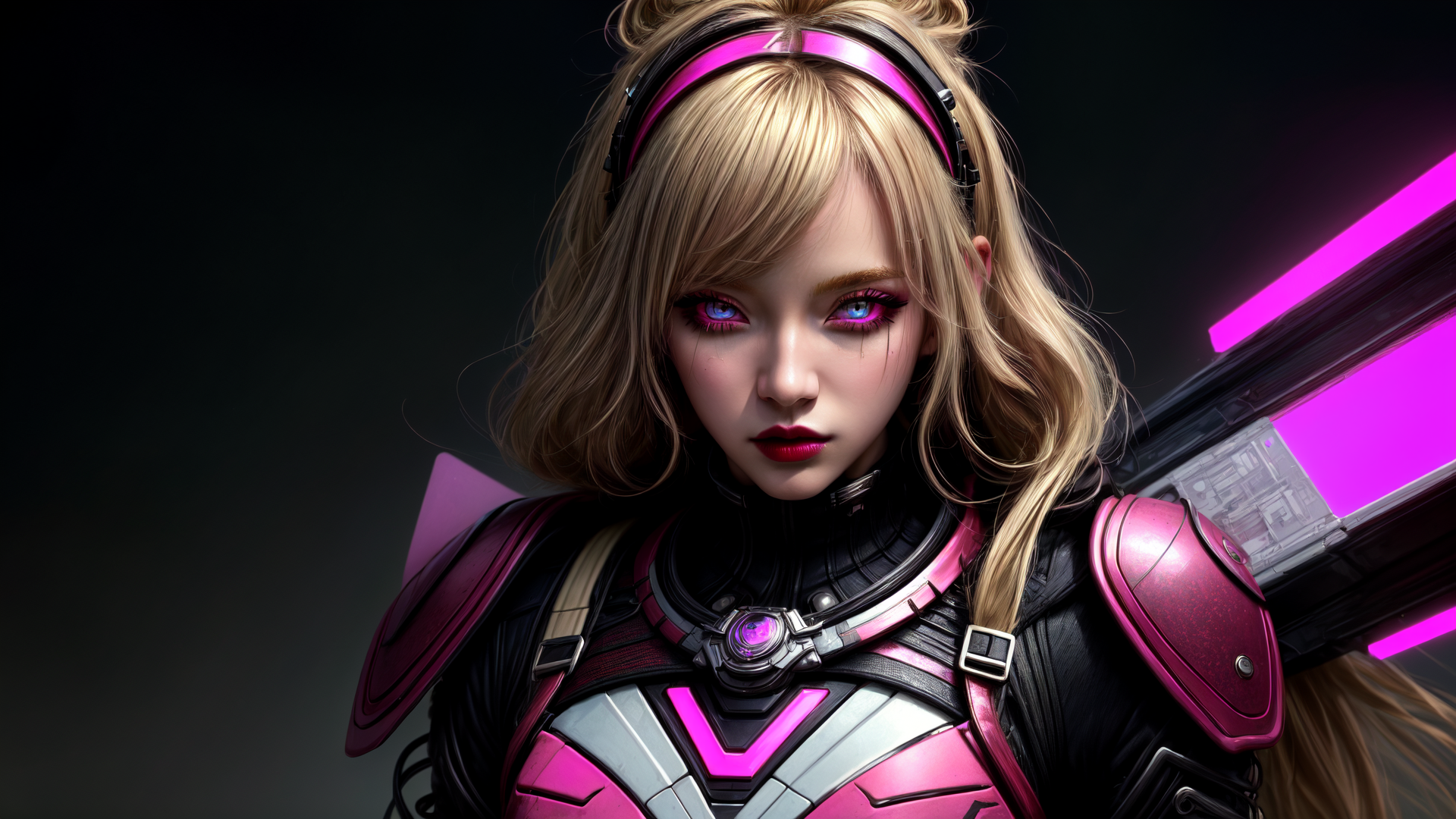 AI generated wallpaper featuring woman, cyborg, character, helmet, armor, sword, headband, hair, goggles, ear