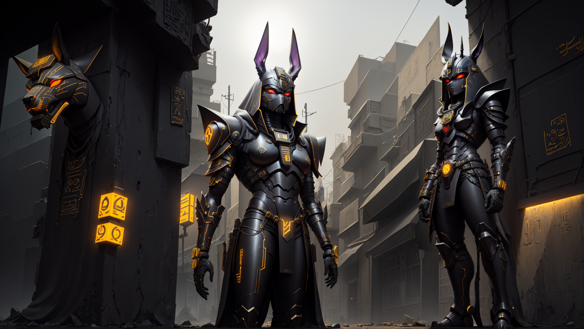 AI generated wallpaper featuring robots, anubis, warrior