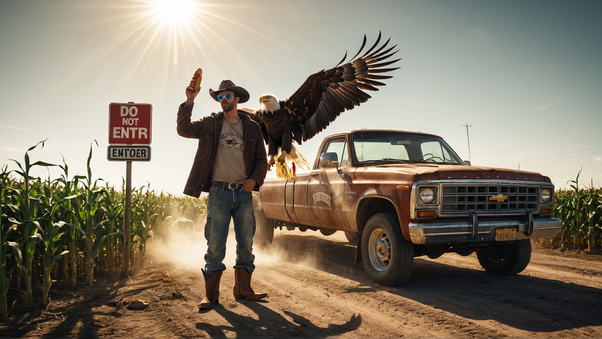 AI generated wallpaper featuring man, eagle, truck
