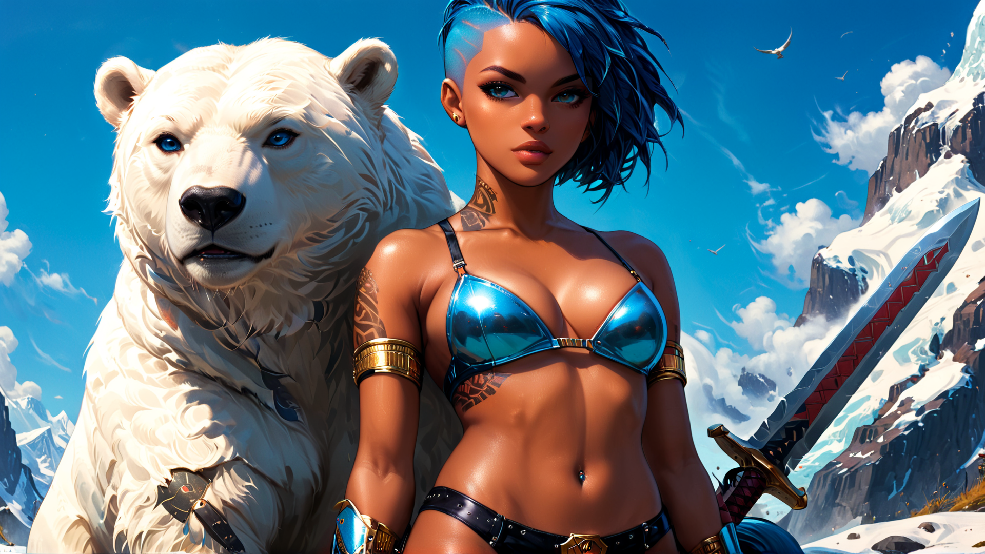AI generated wallpaper featuring woman, polar bear, sword