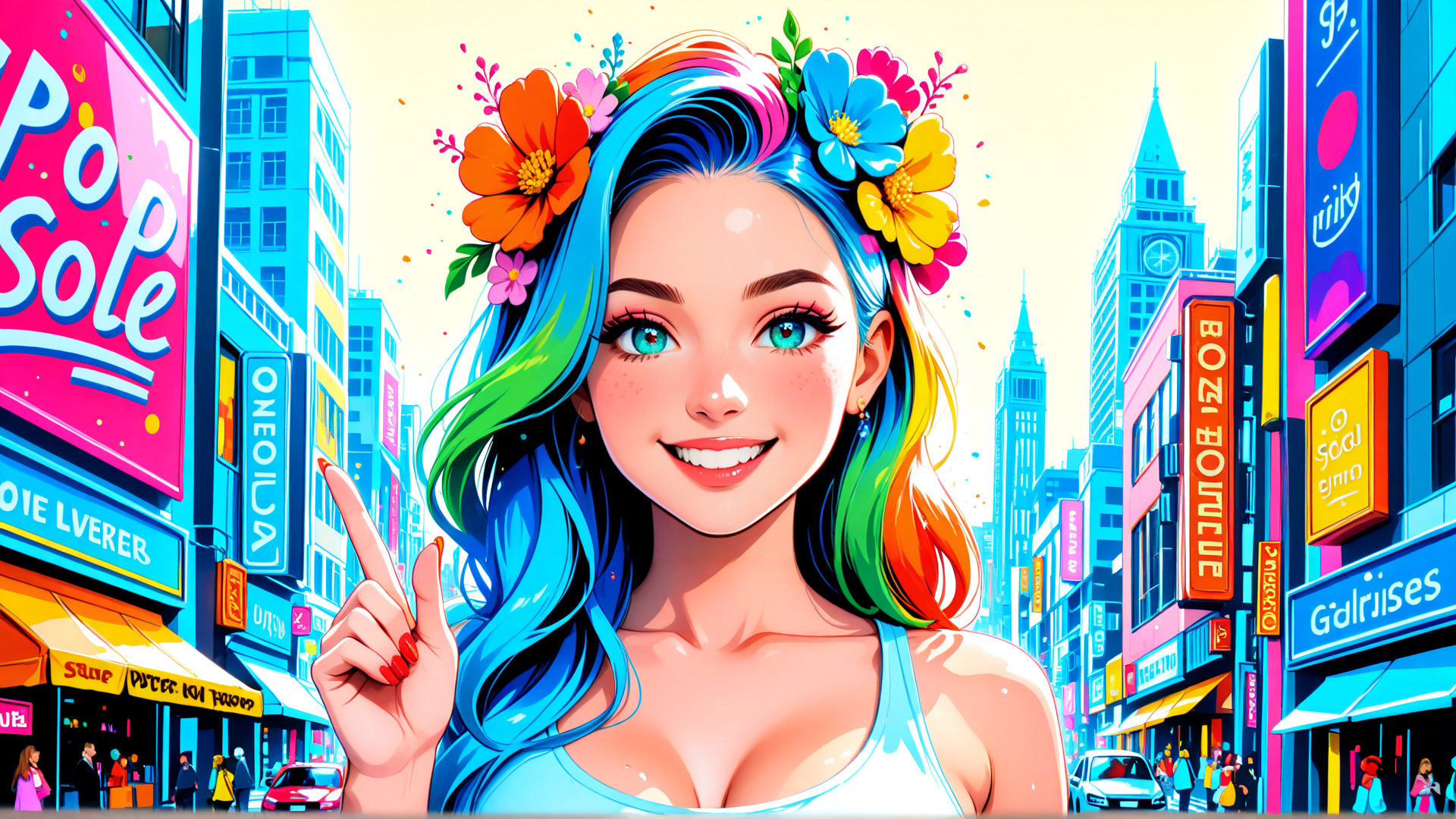 AI generated wallpaper featuring woman, cityscape, flowers, hair, signs, buildings, street, people, cars, sneakers