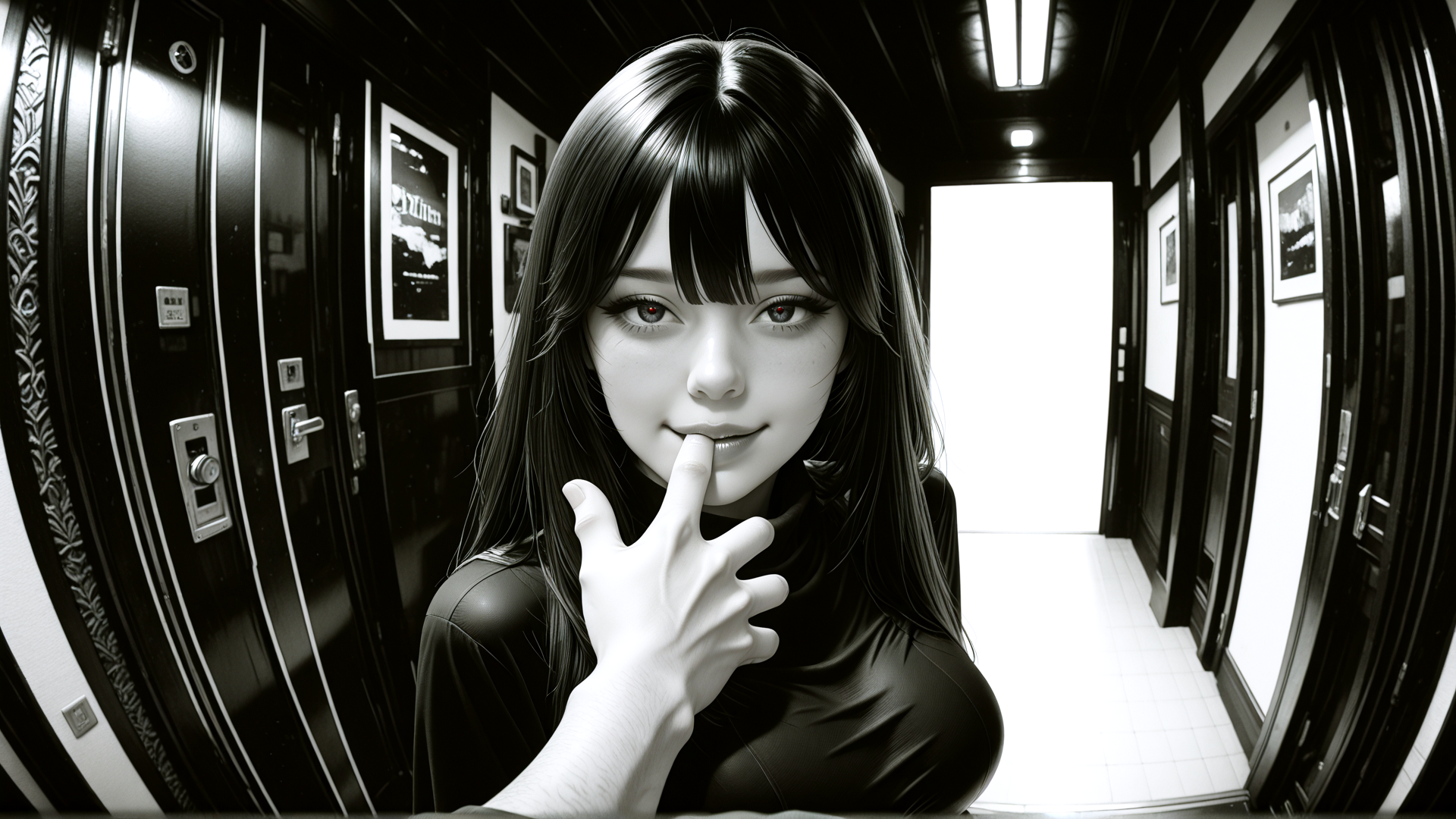 AI generated wallpaper featuring woman, finger, door, hallway, poster
