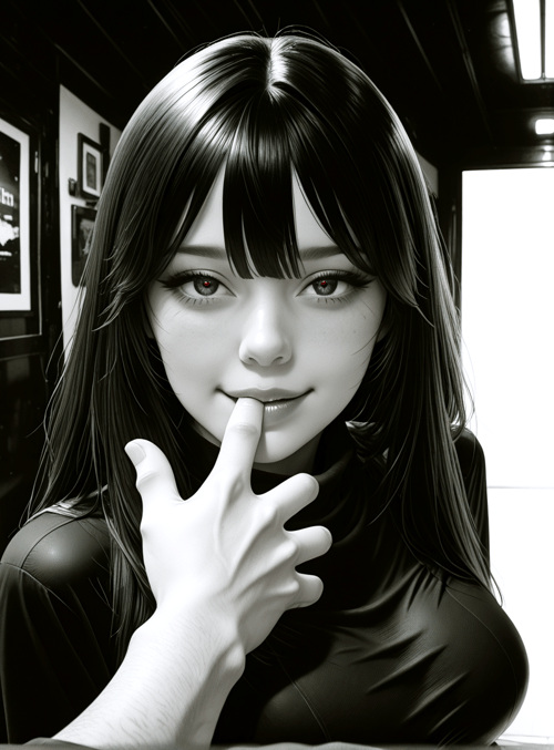 woman, finger, door, hallway, poster