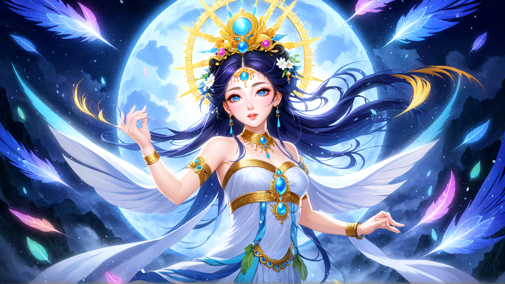 AI generated wallpaper featuring goddess, feathers, moon, wing, jewelry, dress, hair, stars, clouds, mountain
