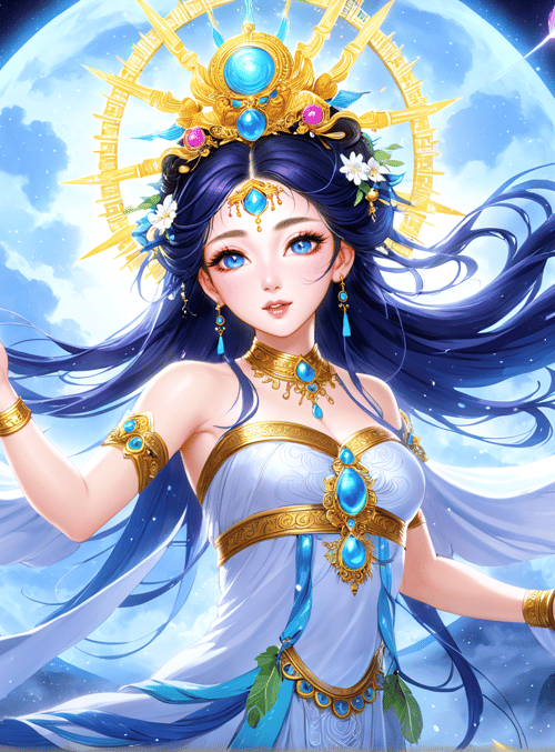 goddess, feathers, moon, wing, jewelry, dress, hair, stars, clouds, mountain