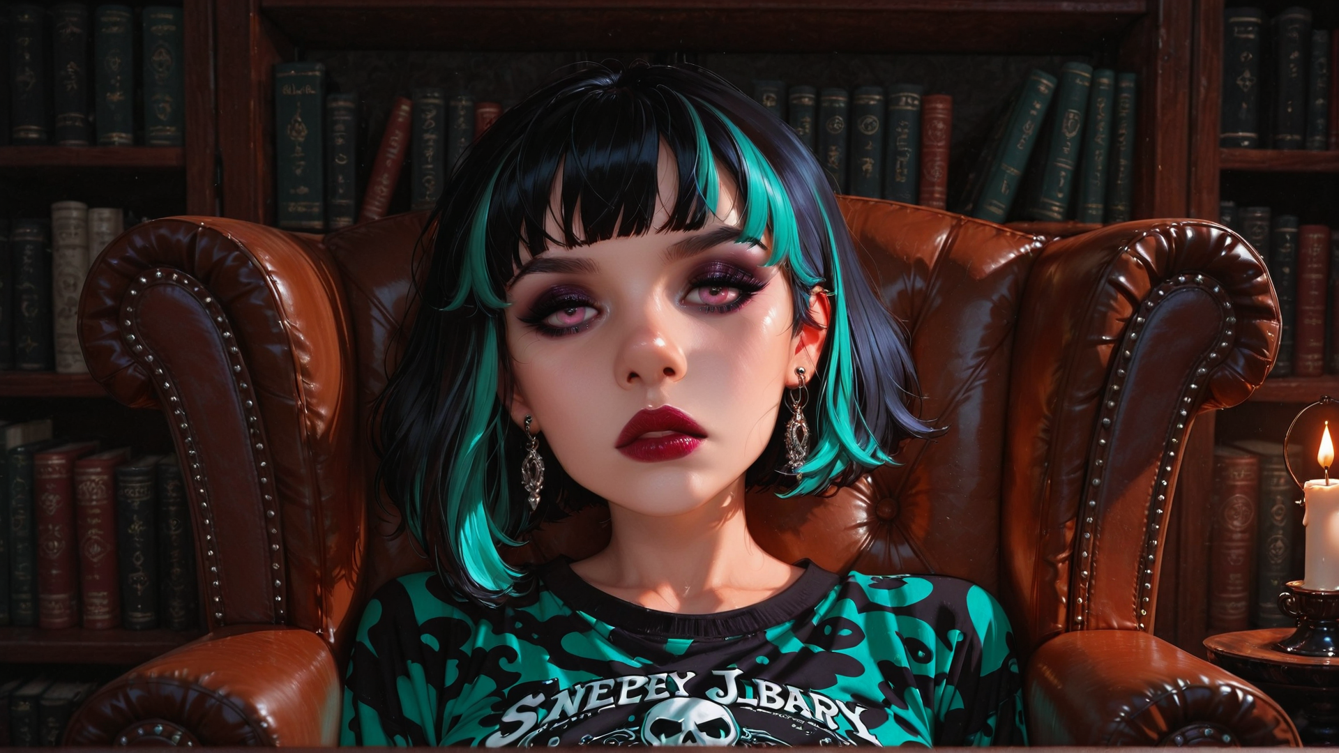 AI generated wallpaper featuring woman, bookshelf, armchair, candle, earrings, shirt