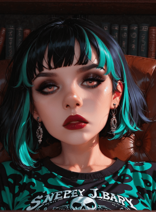 woman, bookshelf, armchair, candle, earrings, shirt
