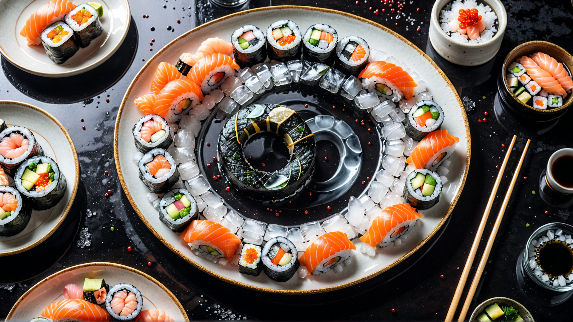 AI generated wallpaper featuring sushi, ice, plate