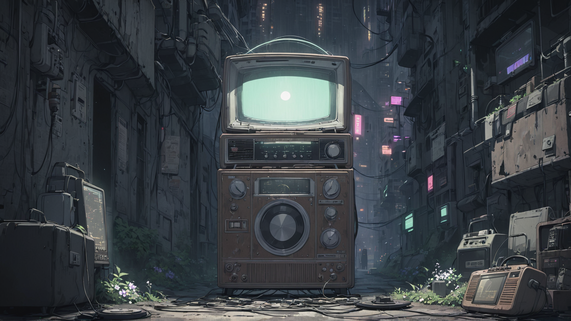 AI generated wallpaper featuring television, vintage electronics, cityscape