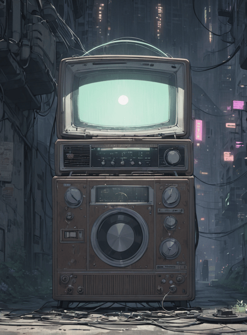 television, vintage electronics, cityscape