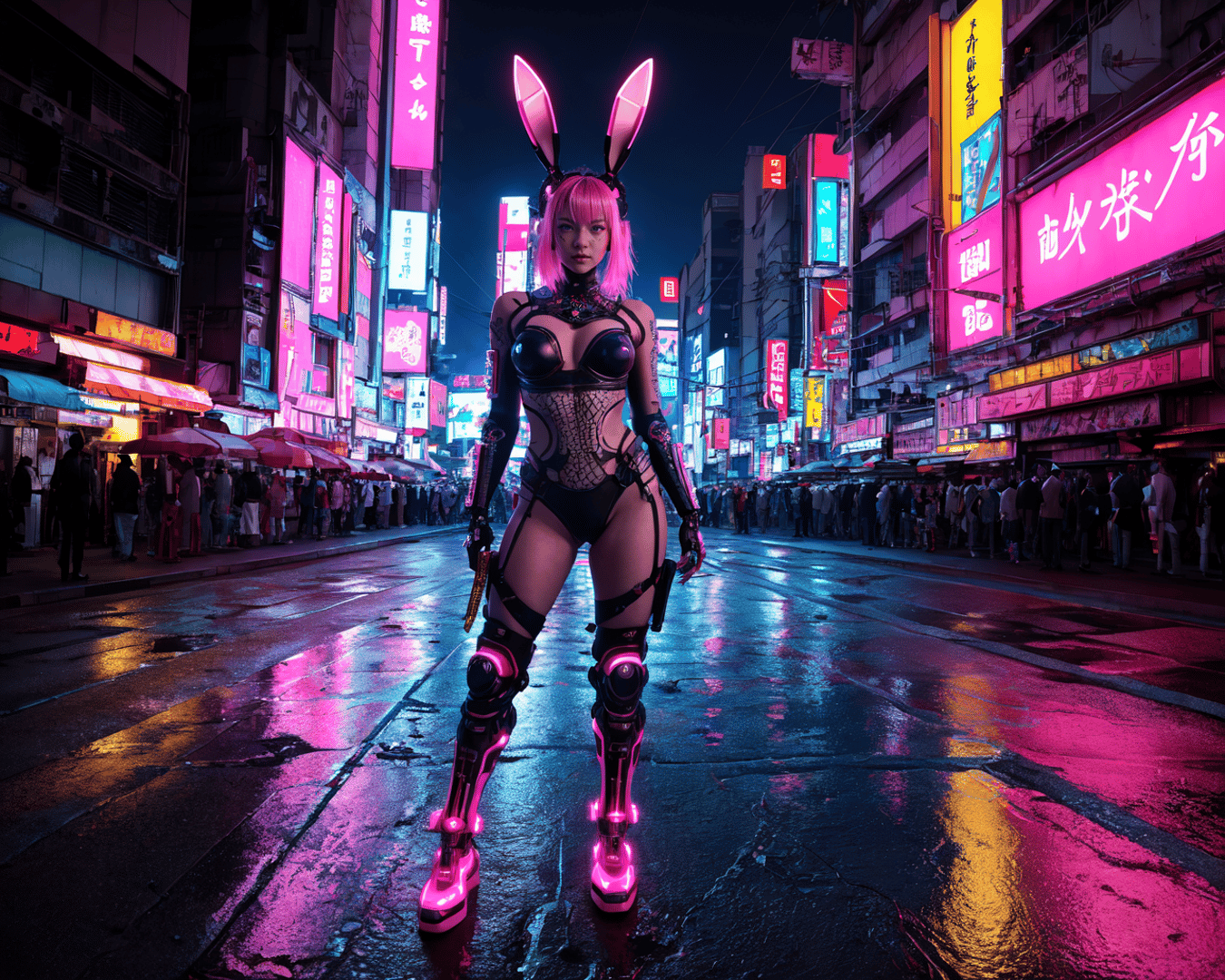 AI generated wallpaper featuring cyborg, bunny, neon