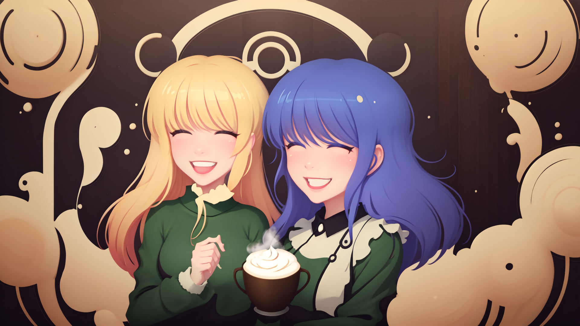 AI generated wallpaper featuring girl, anime, friends, coffee