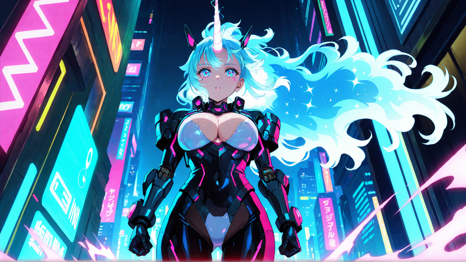 AI generated wallpaper featuring cyberpunk, unicorn, anime