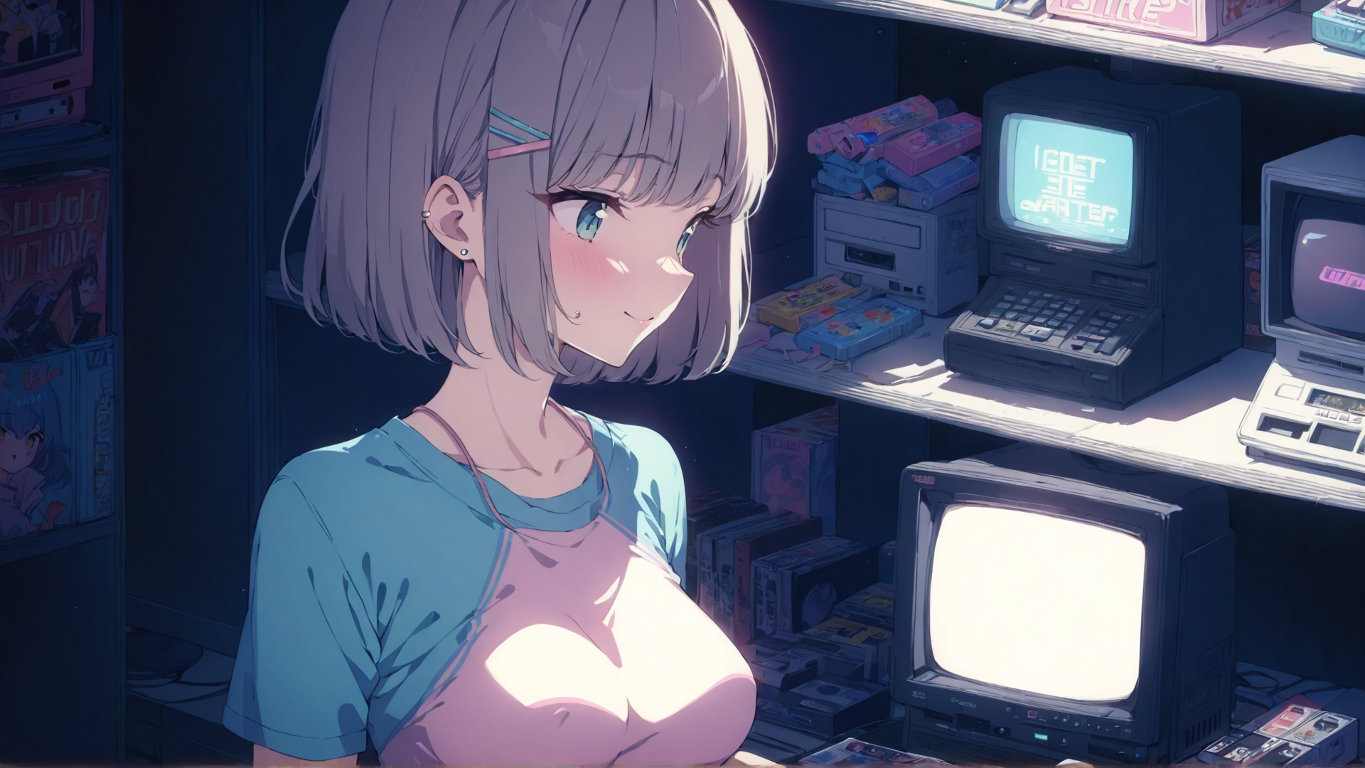 AI generated wallpaper featuring girl, retro gaming, anime