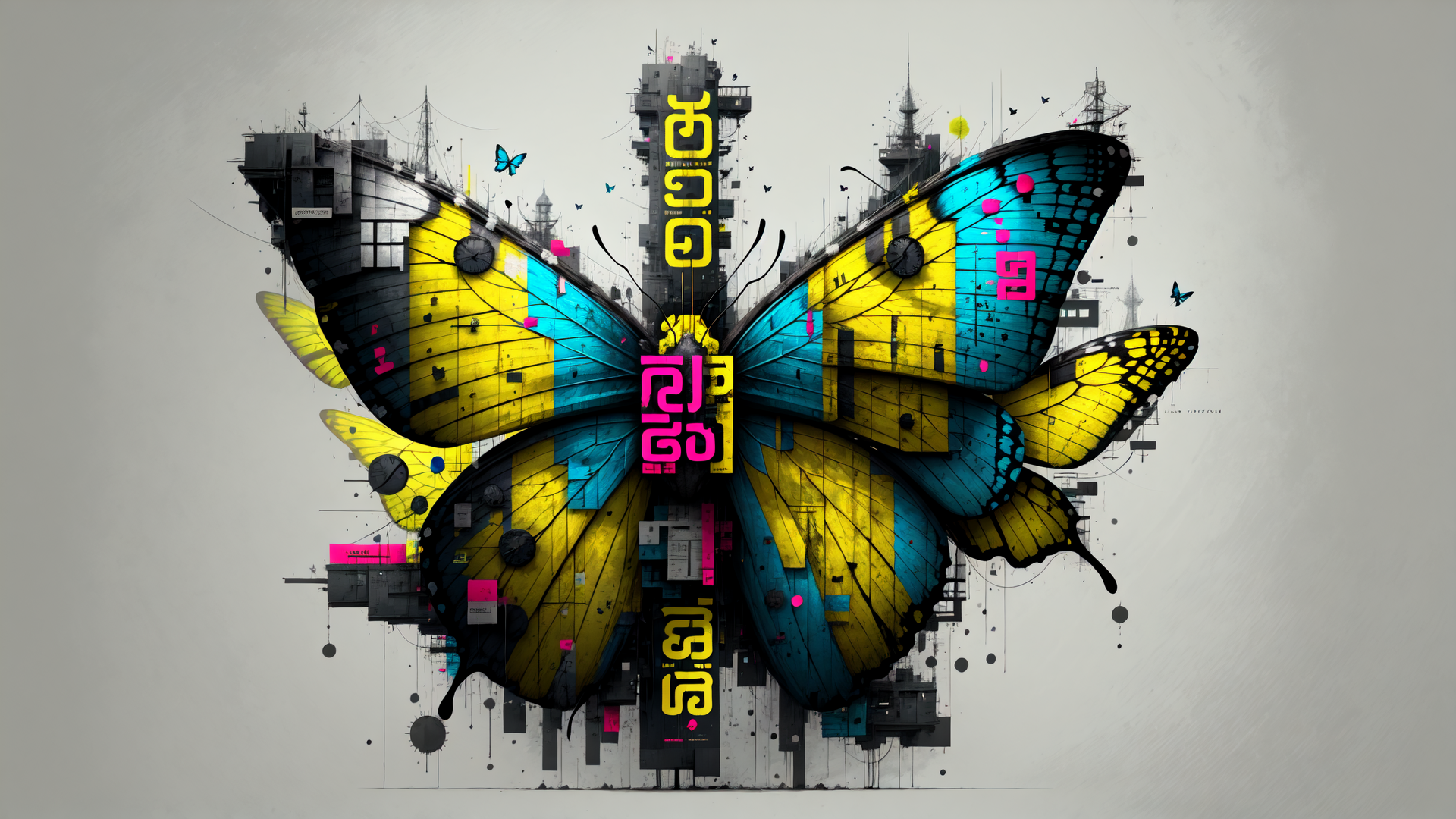 AI generated wallpaper featuring butterfly, cityscape, building, clock, text