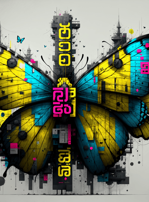 butterfly, cityscape, building, clock, text