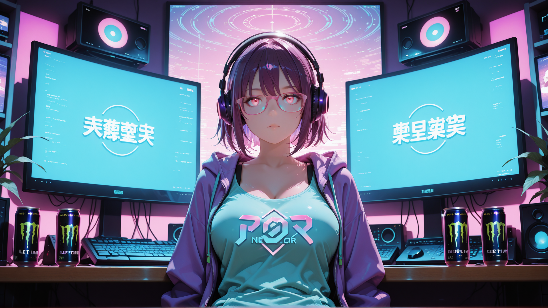 AI generated wallpaper featuring anime girl, headphones, computer screens, monitor, Monster Energy drink, hoodie, glasses, keyboard, mouse, plants