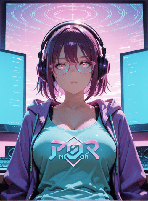 anime girl, headphones, computer screens, monitor, Monster Energy drink, hoodie, glasses, keyboard, mouse, plants