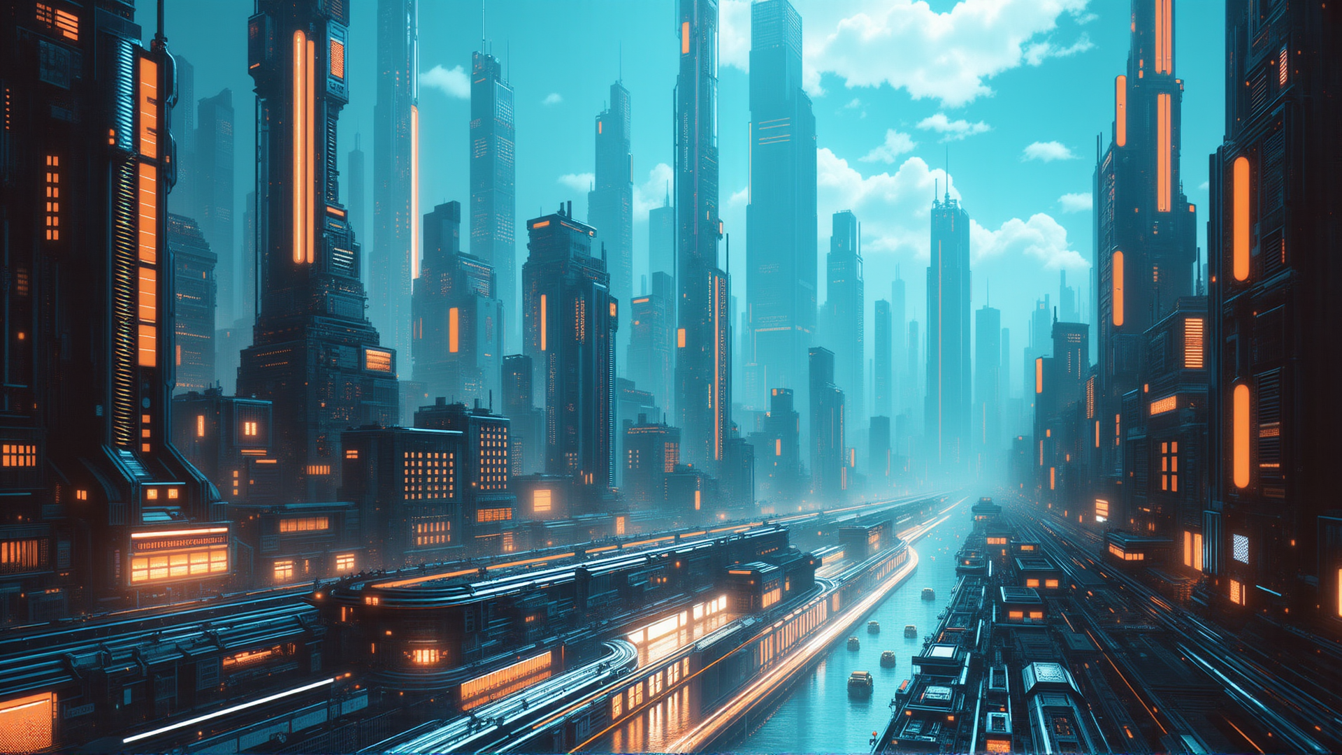 AI generated wallpaper featuring cityscape, skyscrapers, futuristic buildings, roads, trains, vehicles, towers, urban, neon lights, water