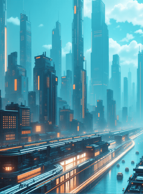 cityscape, skyscrapers, futuristic buildings, roads, trains, vehicles, towers, urban, neon lights, water