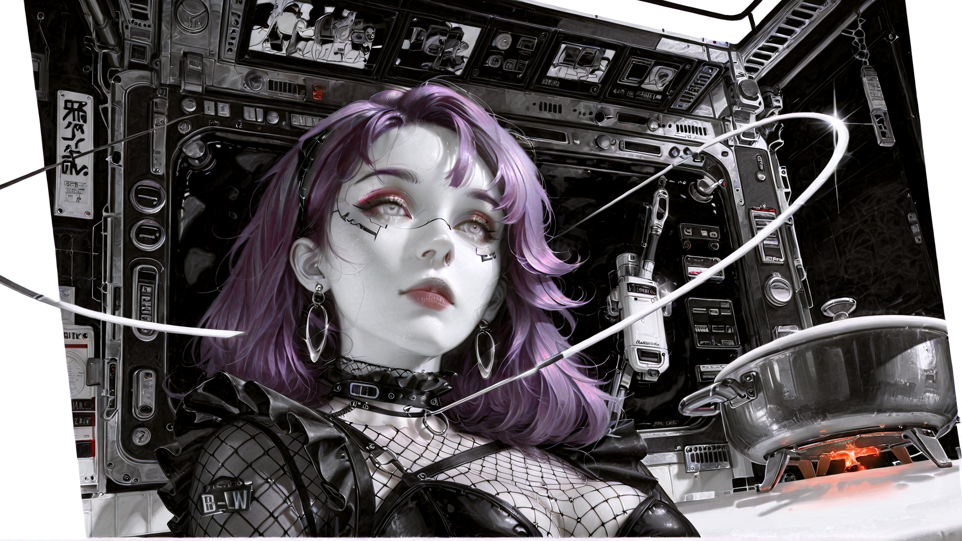 AI generated wallpaper featuring cyborg, woman, mechanical, neon, goggles, hair, circuit, pot, leather, mesh