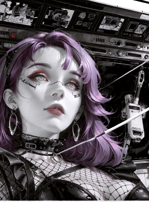 cyborg, woman, mechanical, neon, goggles, hair, circuit, pot, leather, mesh