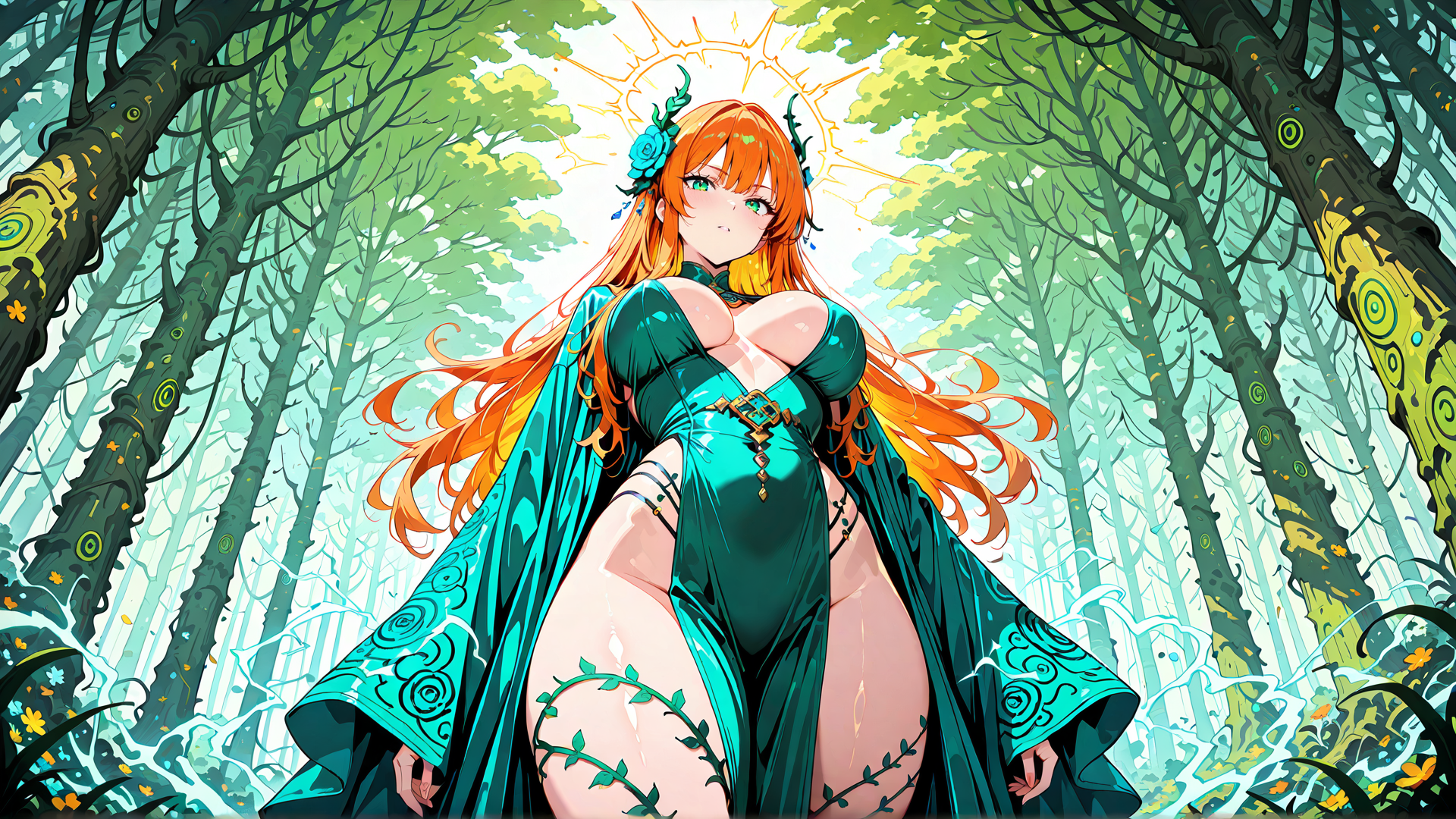 AI generated wallpaper featuring woman, forest, nature, fairy, goddess