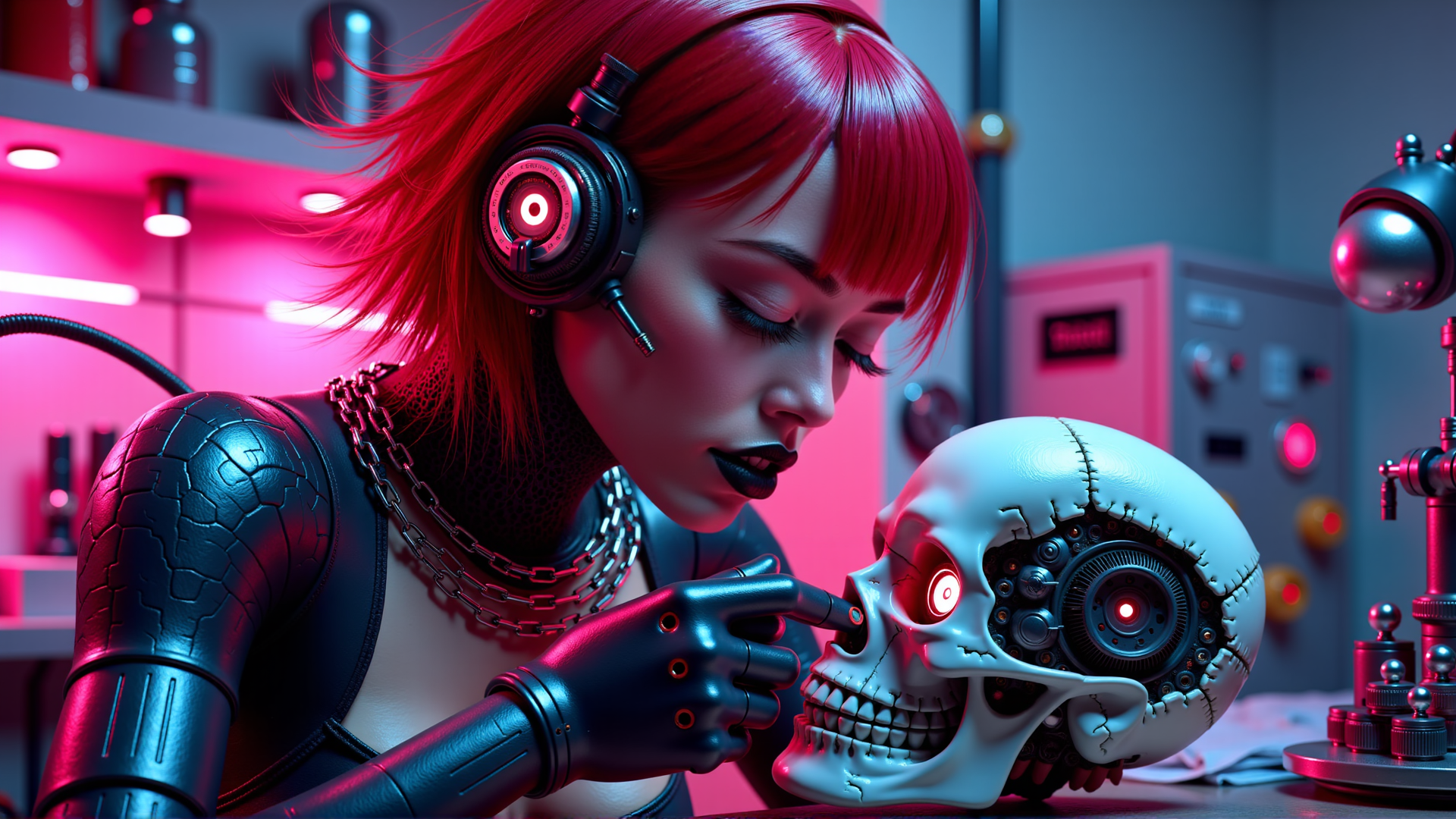 AI generated wallpaper featuring cyborg, skull, gloved hand
