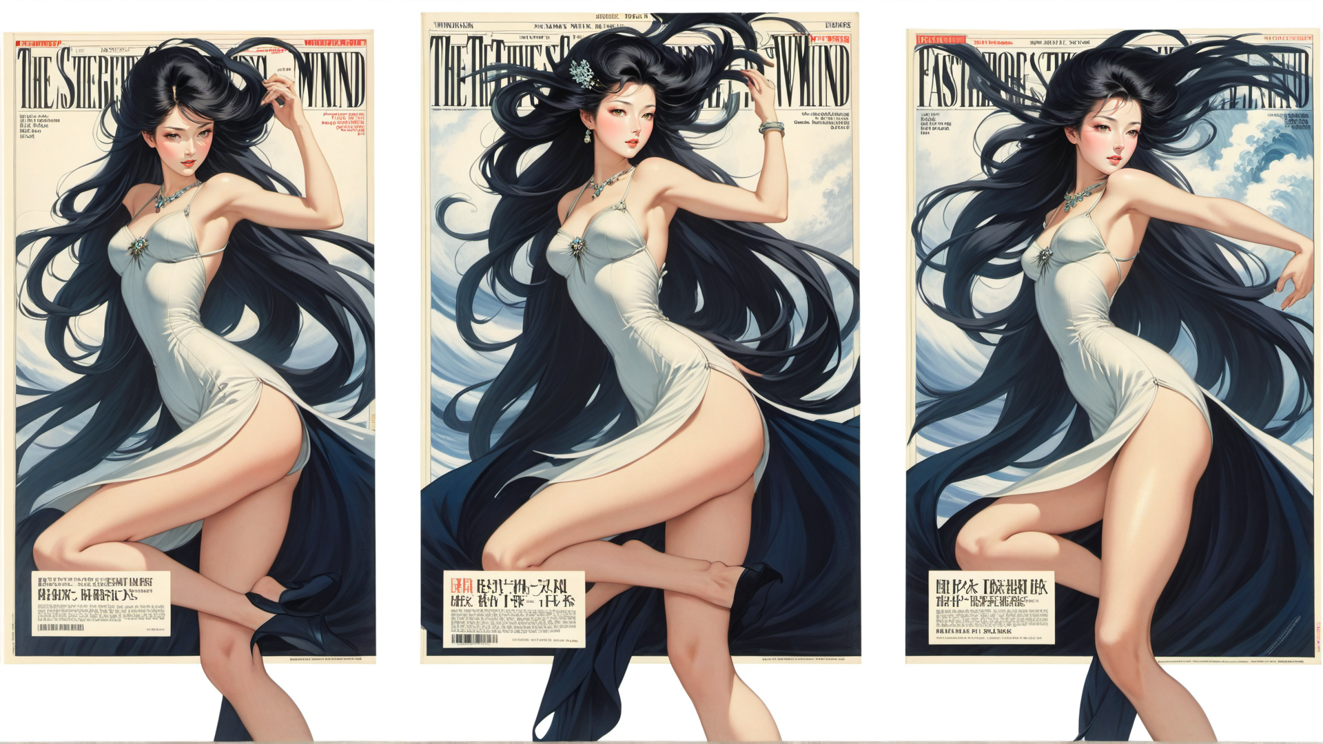 AI generated wallpaper featuring woman, magazine, wind