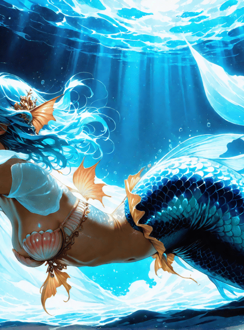 mermaid, ocean, scales, seaweed, coral, shells, fish, water, sunbeams, bubbles