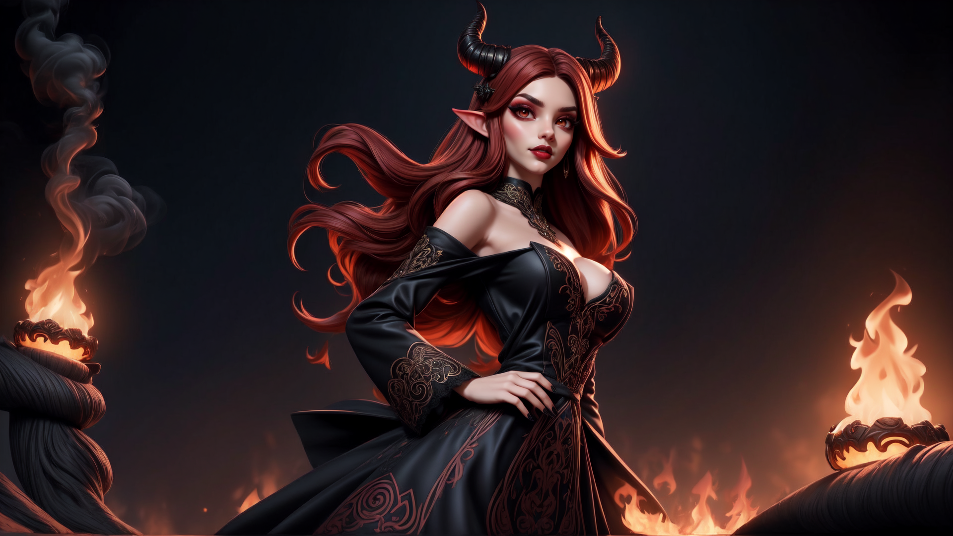 AI generated wallpaper featuring demon, female, horns, red hair, elven ears, gothic dress, fire, candles, smoke, sword