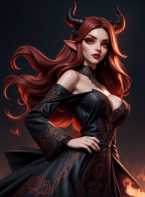 demon, female, horns, red hair, elven ears, gothic dress, fire, candles, smoke, sword