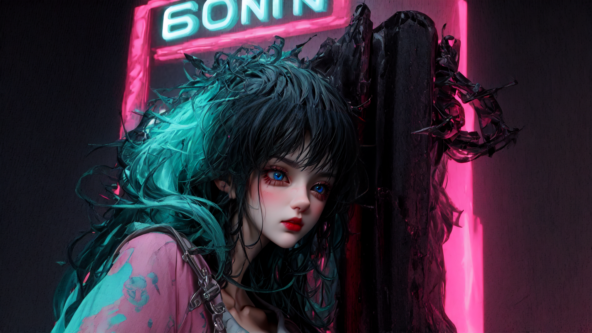 AI generated wallpaper featuring girl, neon, door
