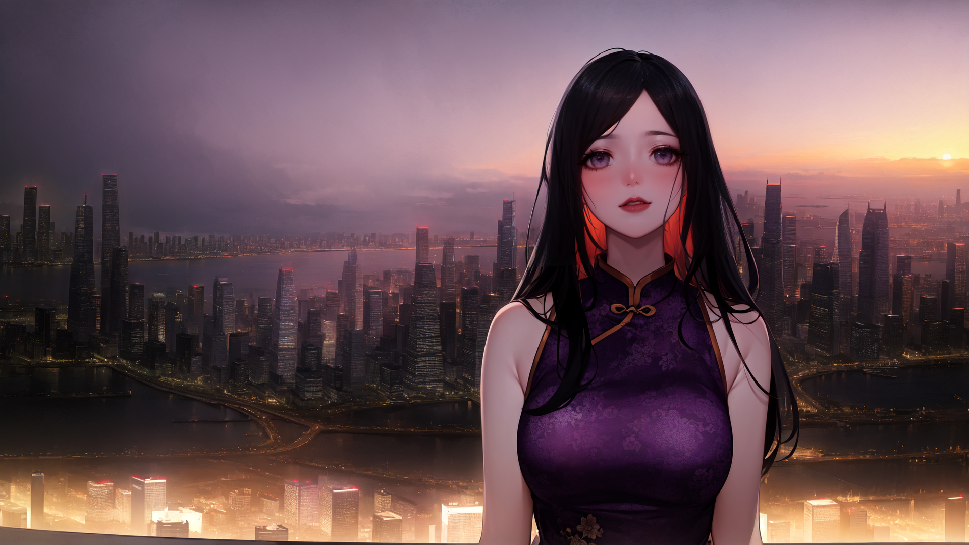 AI generated wallpaper featuring woman, cityscape, sunrise