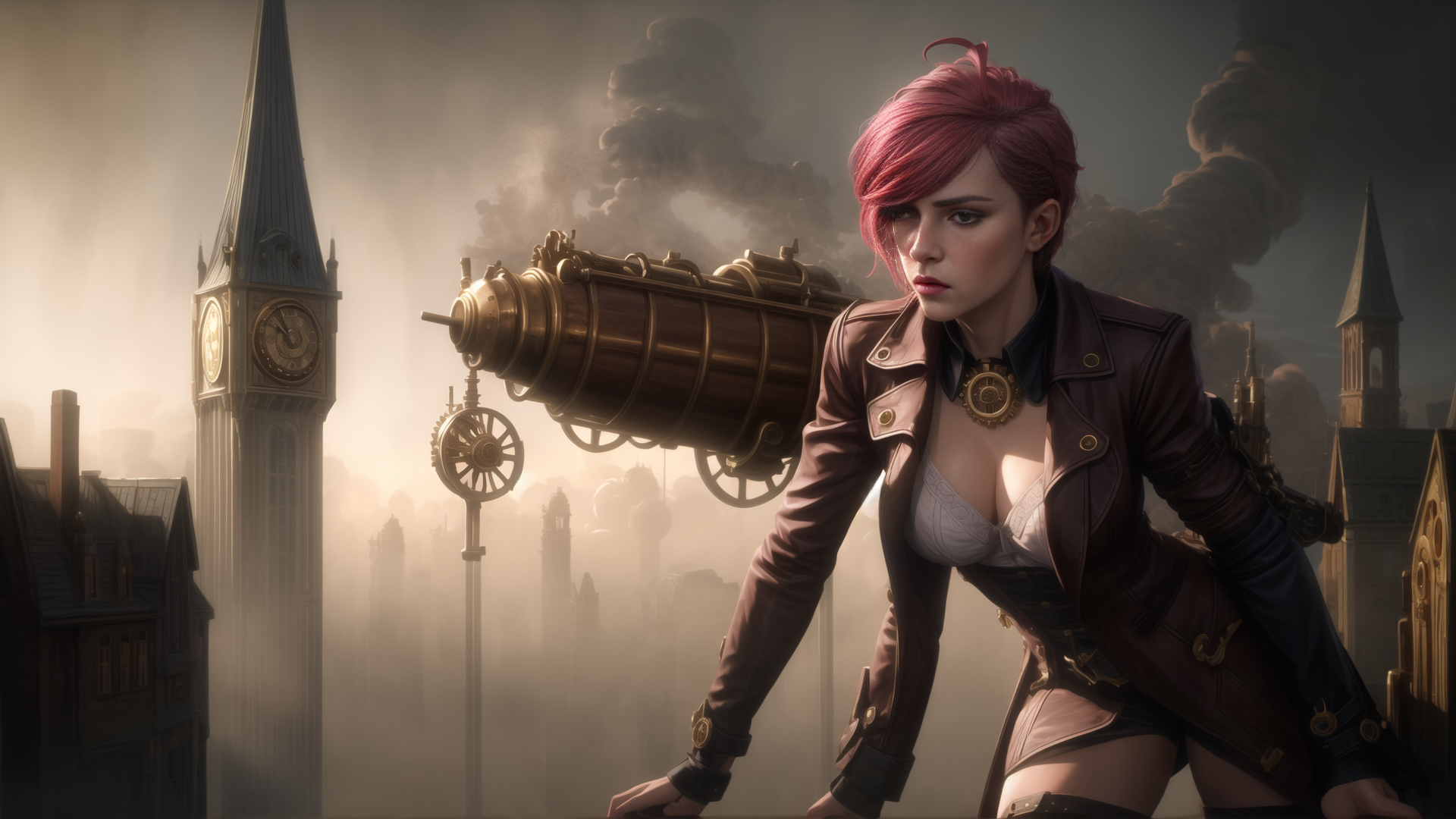 AI generated wallpaper featuring woman, steampunk, cannon