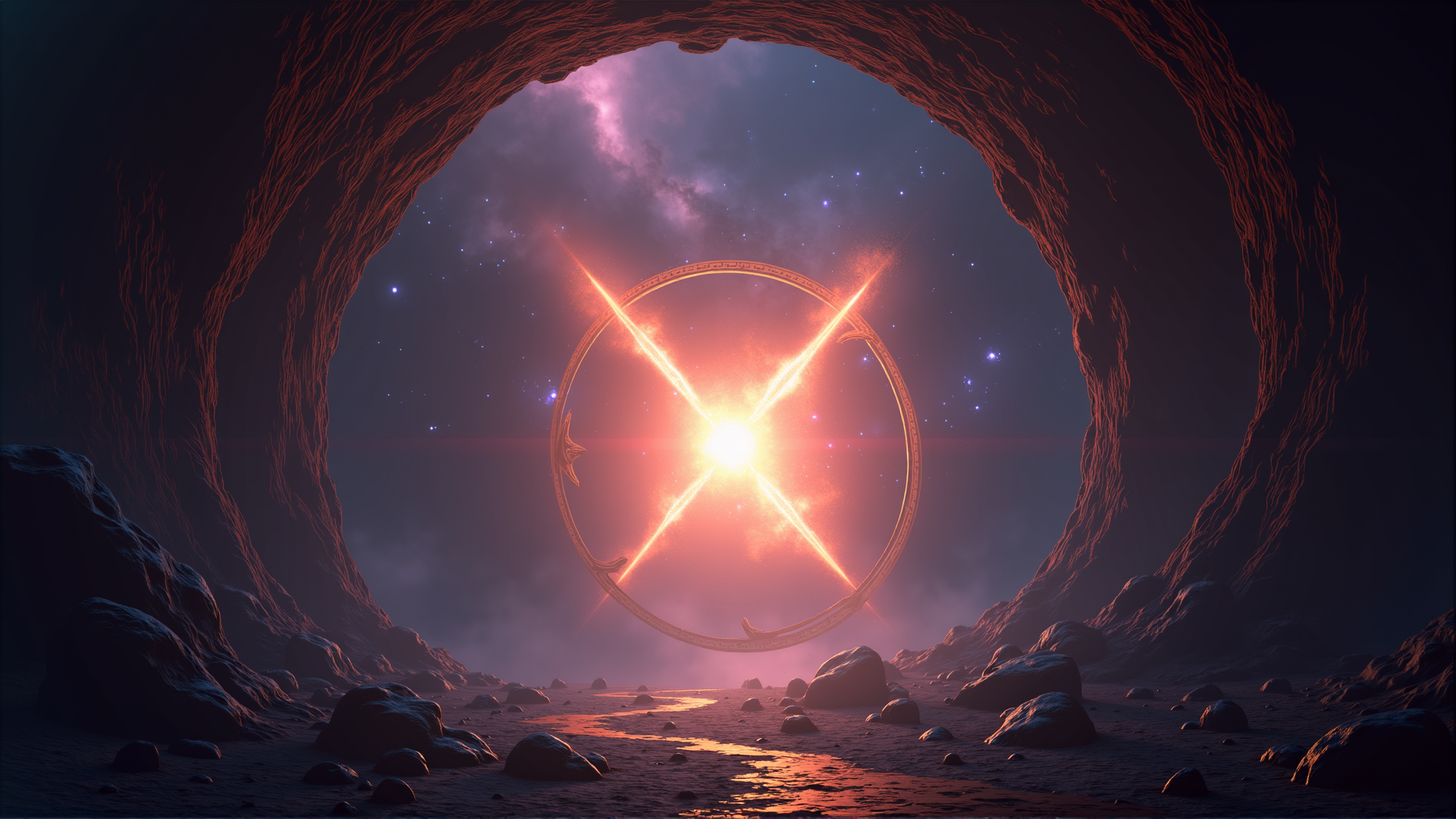 AI generated wallpaper featuring circular portal, rock formation, starry sky, desert landscape, glowing light, crystals, mountain, sand, river, cosmic ring