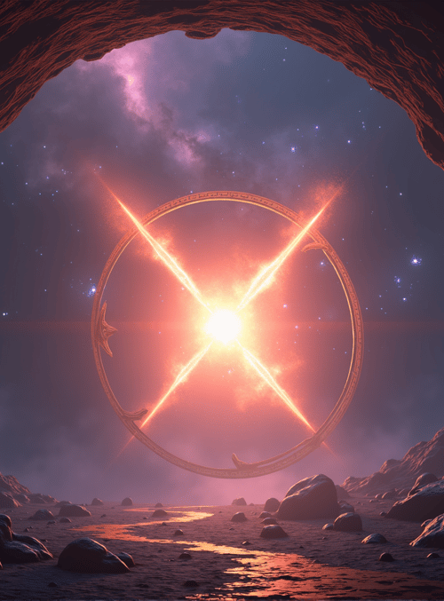circular portal, rock formation, starry sky, desert landscape, glowing light, crystals, mountain, sand, river, cosmic ring